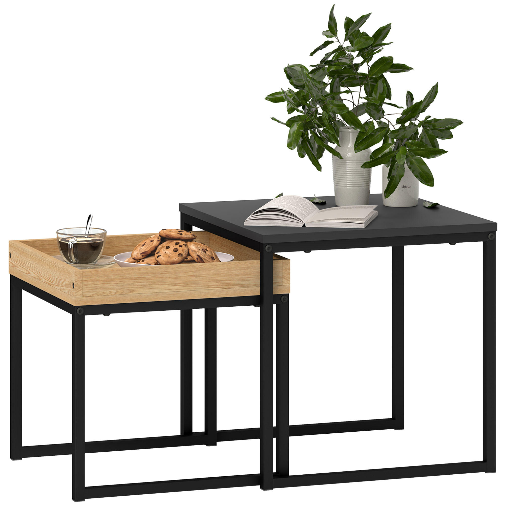 COUCHTISCH, 2er-Set , bis 30 kg Belastbar, Schwarz+Eiche - Schwarz, Metall (45/45/45cm) - HOMCOM