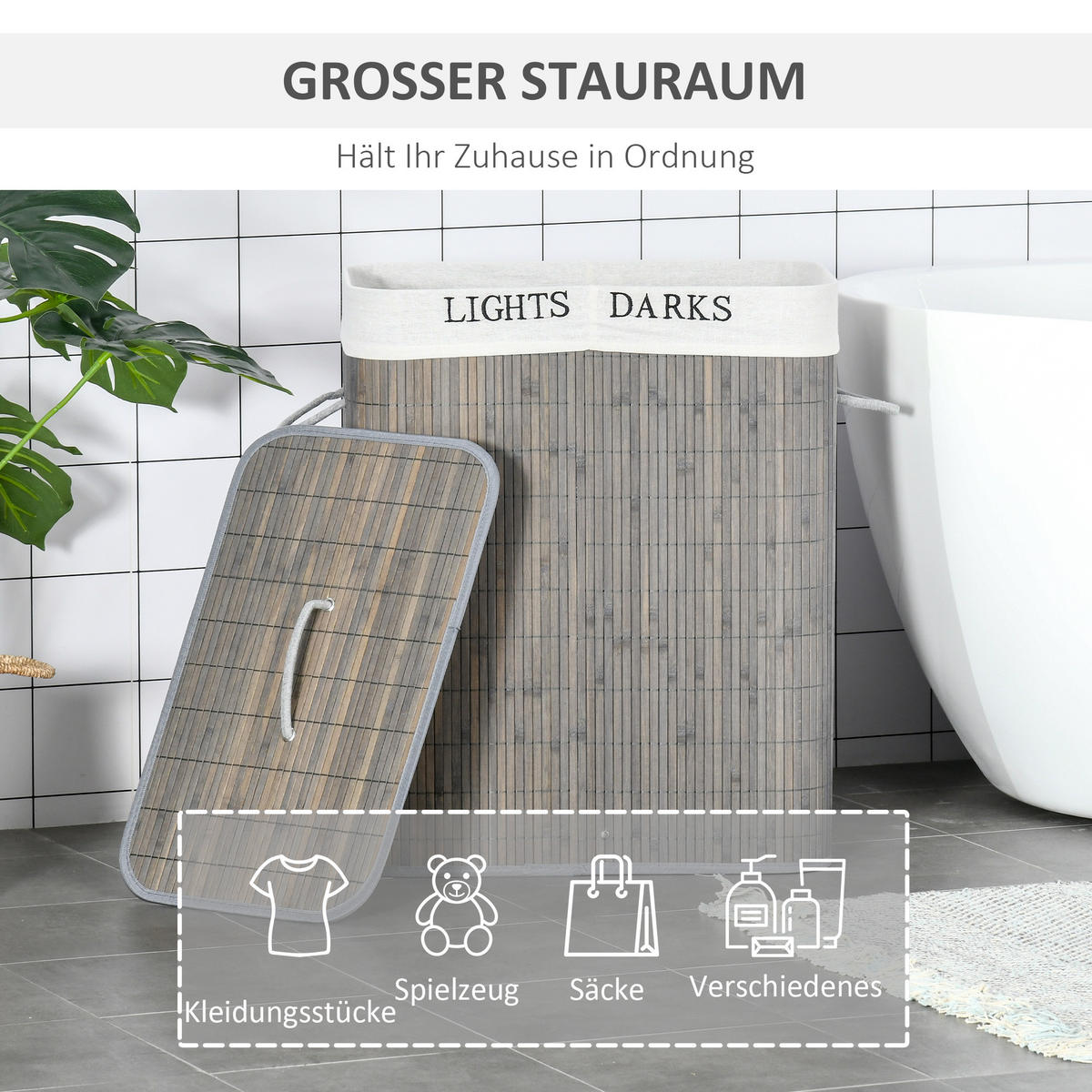 WÄSCHEKORB schmal mit Deckel 100L, Badezimmer, Bambus, Grau - Grau, Naturmaterialien (52/63/32cm) - HOMCOM