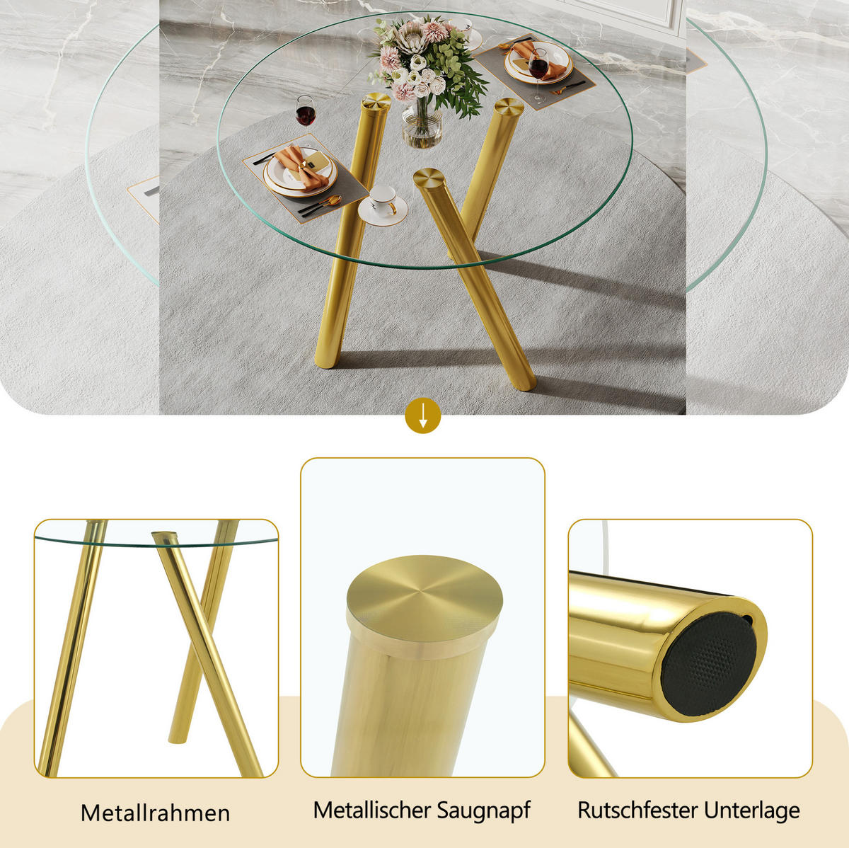 ESSTISCH rund aus Glas mit Metallgestell Gold - Goldfarben, Metall (89/89/76cm) - Meubliv