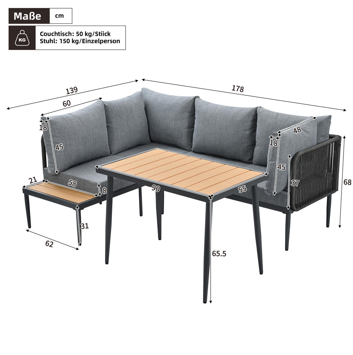 GARTEN-ESSGRUPPE mit Ecksofa, Esstisch, Olefin und handgeflochtener Seilbespannung, Grau - Grau, Metall - Redom