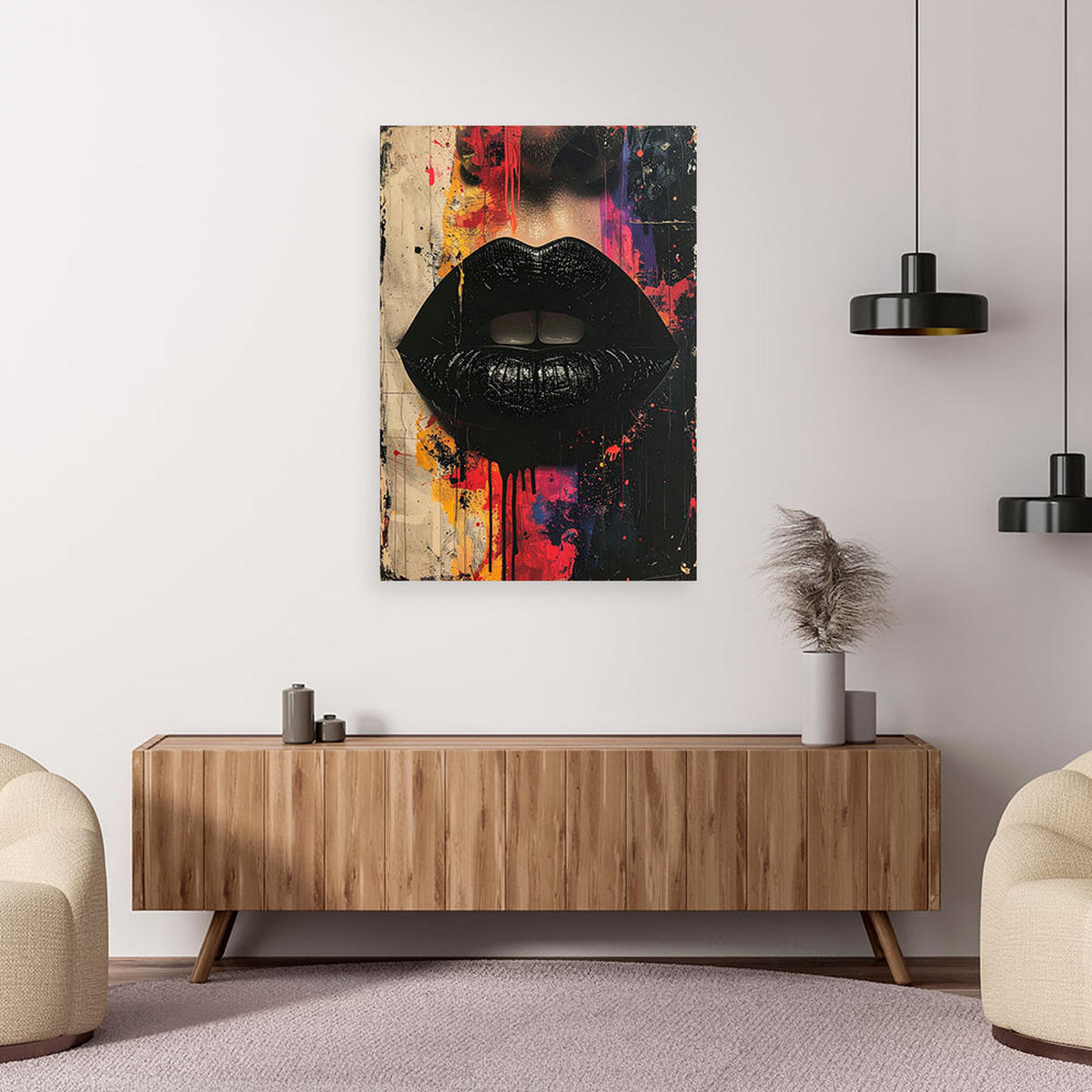 LEINWANDBILD, Schwarze Lippen in einer modernen Street-Art-Komposition - Schwarz, Textil (20/30cm) - Feeby