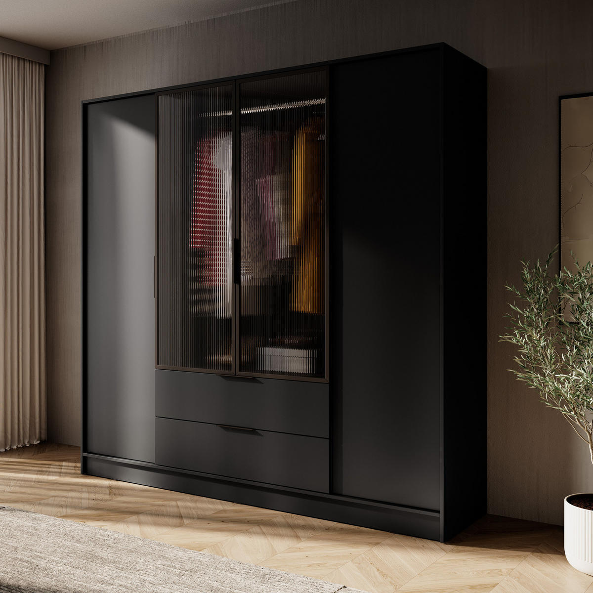 KLEIDERSCHRANK RICADI 4D RM (Schwarz, Riffelglas, 4 Türen, 2 Schubladen, Kunststoffgriffe) - Schwarz, Holz/Holzwerkstoff (206/200/51cm) - Ravio