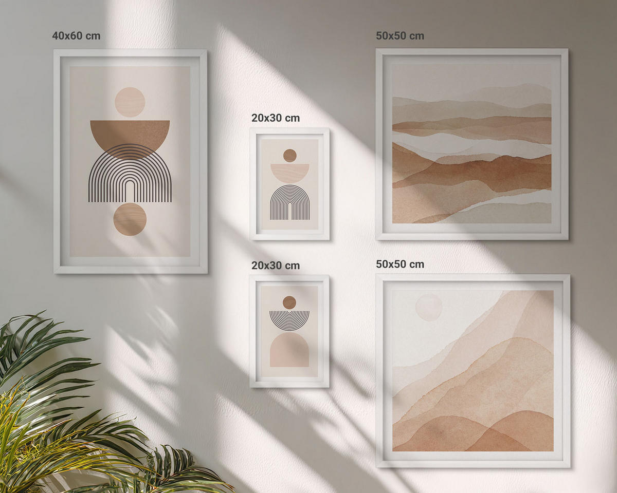 BILDER SET 5er Set - 50x50 cm & 20x30 cm & 40x60 cm Weißer Rahmen - Abstraktes Boho-Design - Weiß, Kunststoff (40/60cm) - TULUP