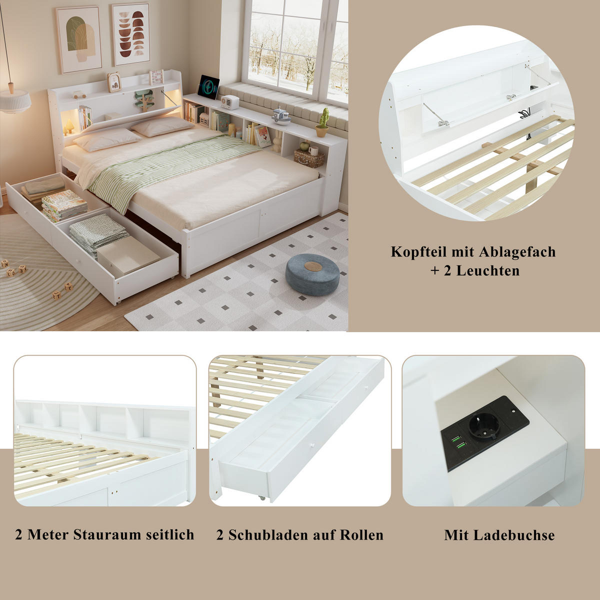 BETT 140x200 cm LED USB Schubladen weiß - Weiß, Holz (140/200cm) - LEBENLANG