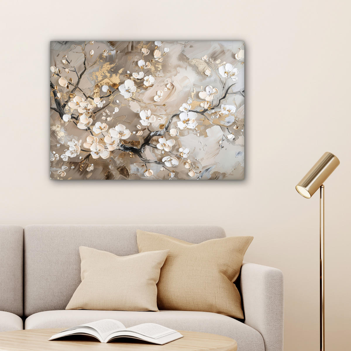 LEINWANDBILD - Blumen - Weiß - Gold - Beige - Luxus - 80x60 - Malerei - Greige, Textil (80/60cm) - MuchoWow
