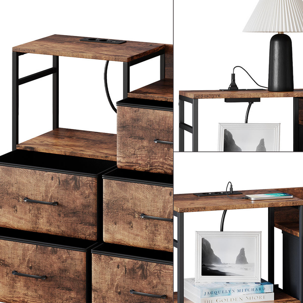 SIDEBOARD Brian Eiche rustikal 132 x 30 cm mit 8 Schubladen und USB - Eichefarben/Schwarz, Holzwerkstoff (88/30/132cm) - Vicco