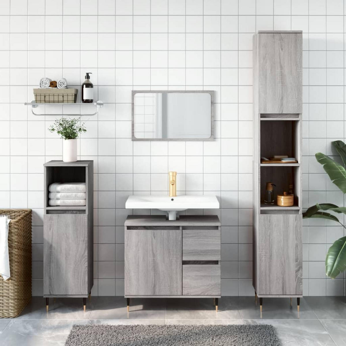 BADMÖBEL-SET 3-TLG. Grau Sonoma Holzwerkstoff - Grau, Holzwerkstoff (30/190/30cm) - vidaXL