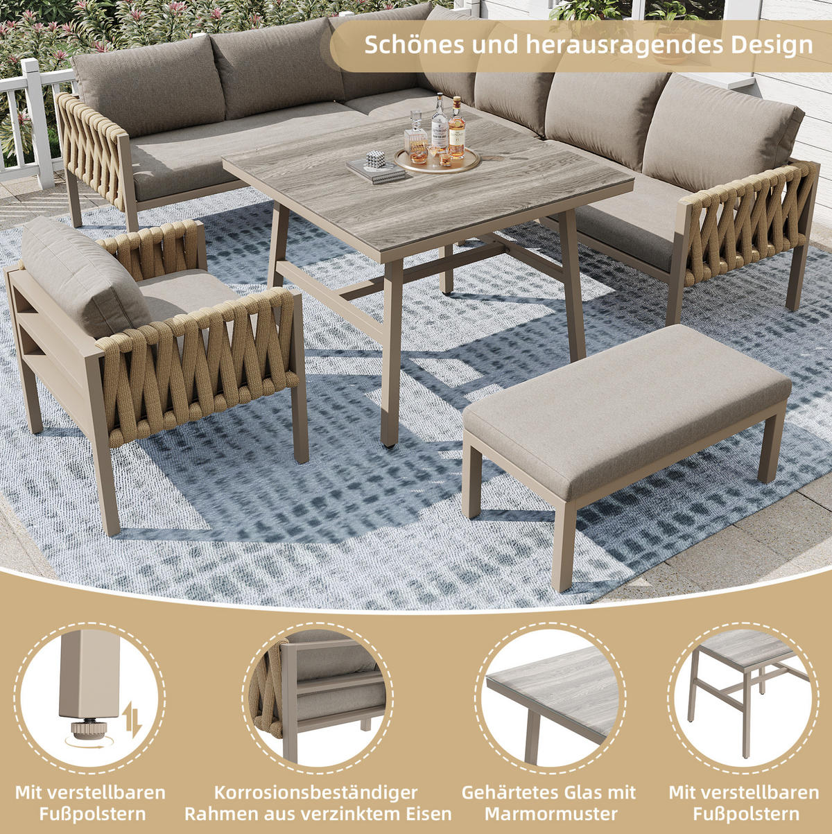 GARTENMÖBELSET mit Metallgestell, Ecksofa + Tisch mit Glasplatte, 238/61/78 cm, Beige - Beige, Metall - Redom