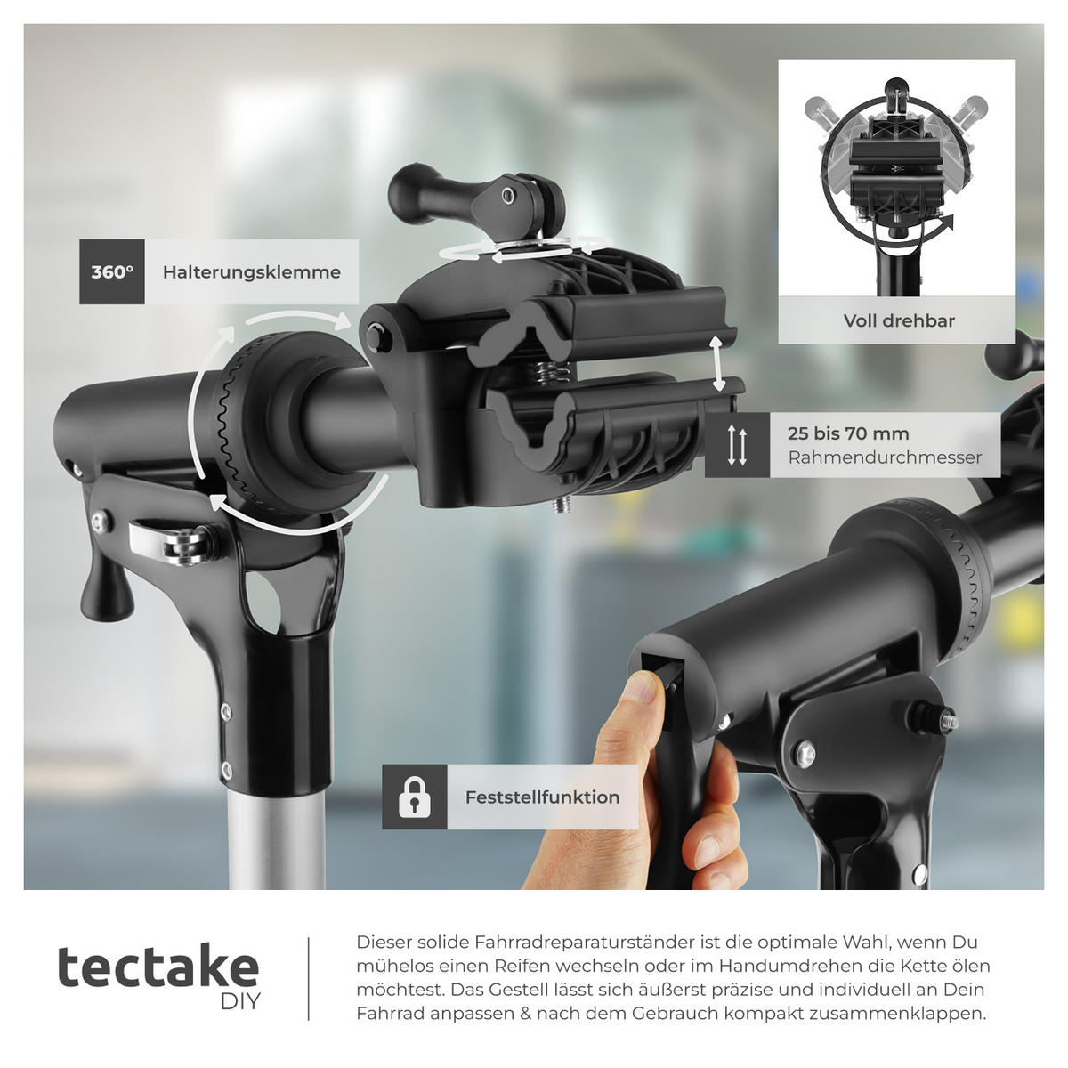 FAHRRADMONTAGESTÄNDER Tristan,inklusive Vorderrad-Stabilisator,schwarz - Schwarz, Textil (120/180/138cm) - tectake