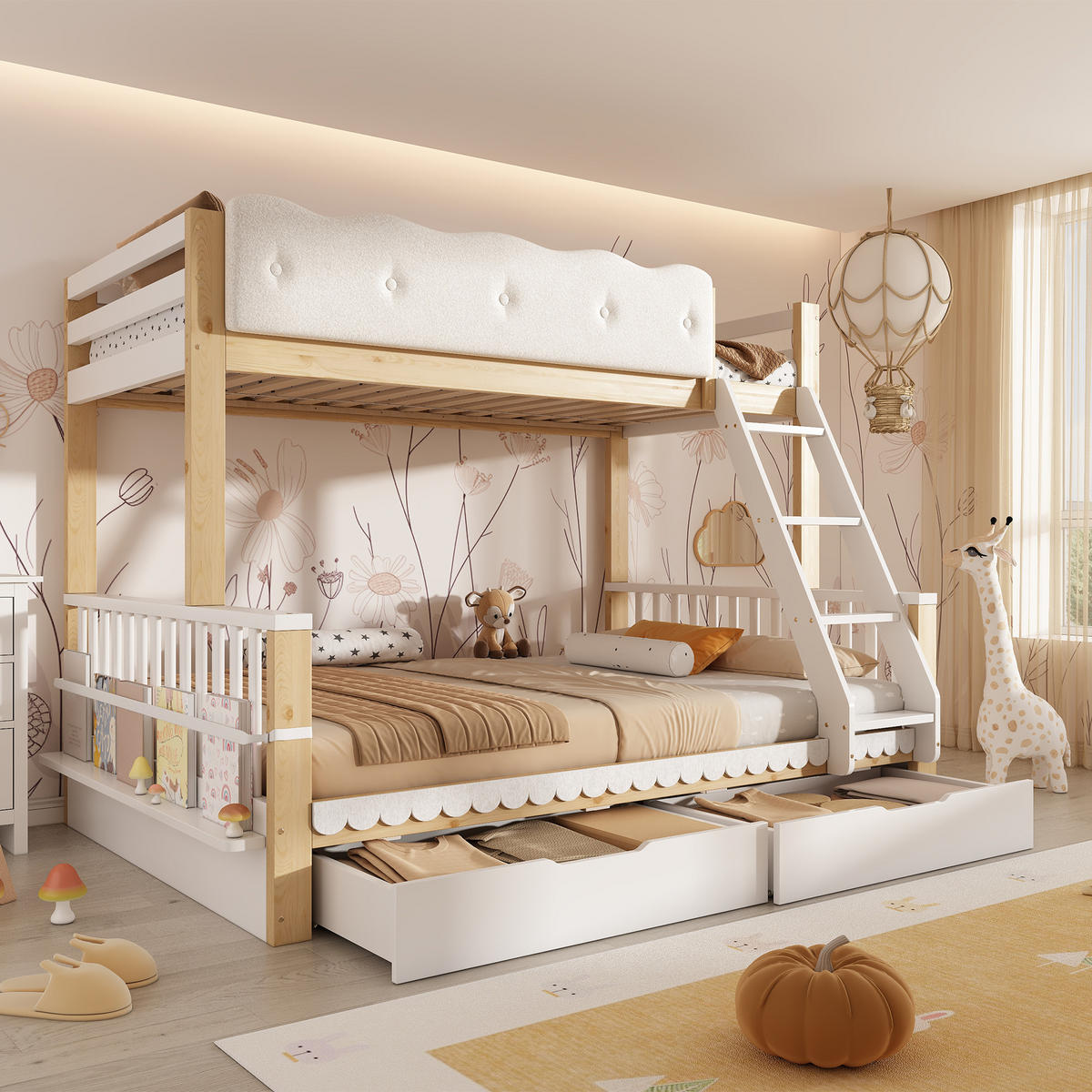 ETAGENBETT 90/140/200 cm DE-32503 mit Wolken-Geländer Weiß/Eiche - Eichefarben, Holz (90/200cm) - ComfortXL