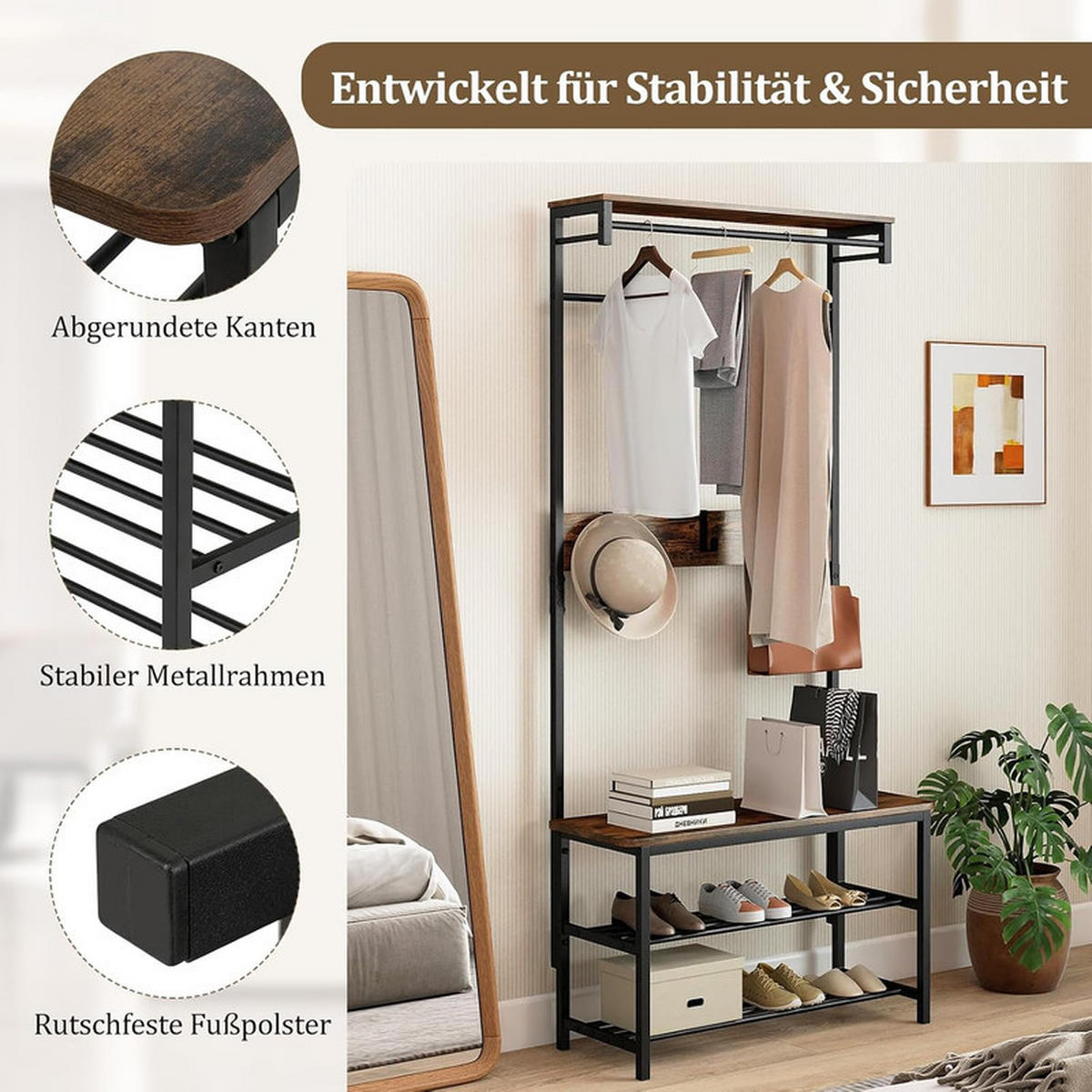 GARDEROBENSTÄNDER mit Schuhbank schwarz - Schwarz, Metall (70/169/32cm) - COSTWAY