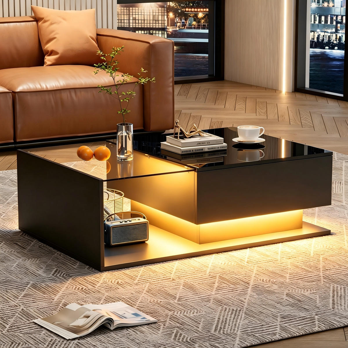 COUCHTISCH schwarz mit Hochglanzoberfläche und Glas-Elementen, App-gesteuerter Bluetooth-LED 100 × 50 × 32 cm - Schwarz, Holzwerkstoff (50/100/32cm) - Luhomfu