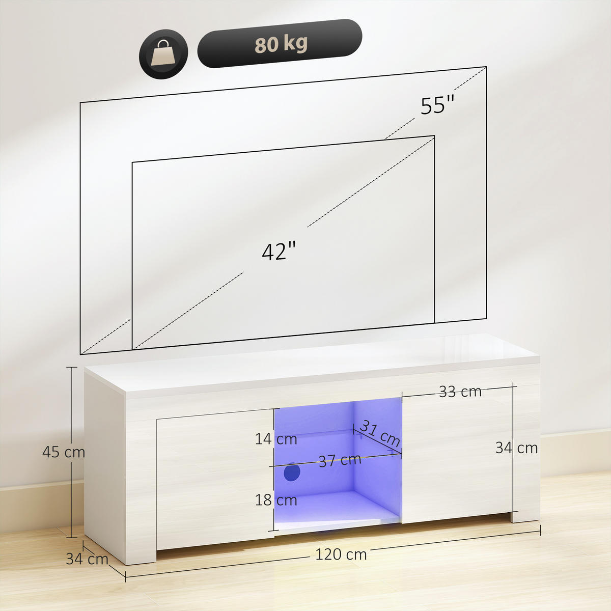 TV-SCHRANK mit LED-Beleuchtung, 2 Schranktüren, Glasregal, Kabellöcher Weiß - Weiß Hochglanz/Weiß, Glas/Holzwerkstoff (34/45/120cm) - HOMCOM