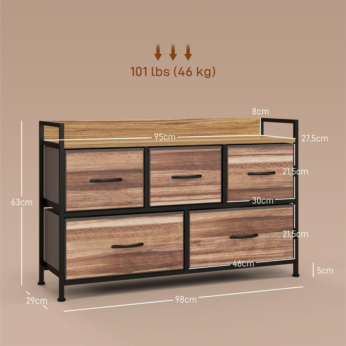 KOMMODE Schwarz mit 5 Schubladen 98/29/63 cm - Eichefarben, Textil (98/63/29cm) - PANGIVO