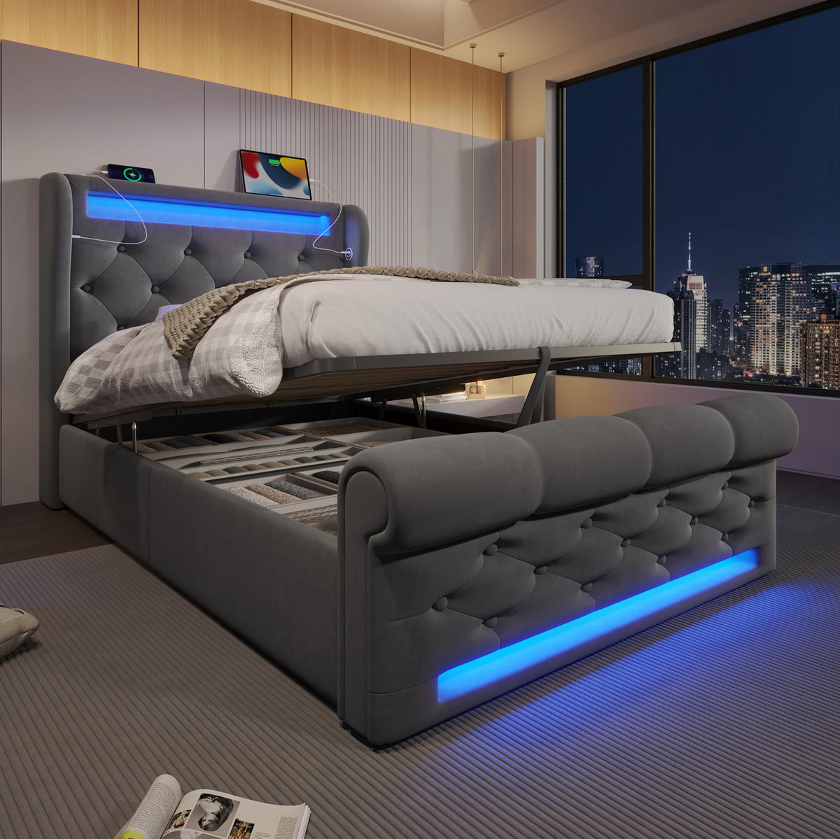 POLSTERBETT 90/200 cm Grau mit LED-Beleuchtung und Stauraum-Kopfteil aus Samt - Grau, Textil (90/200cm) - OKWISH
