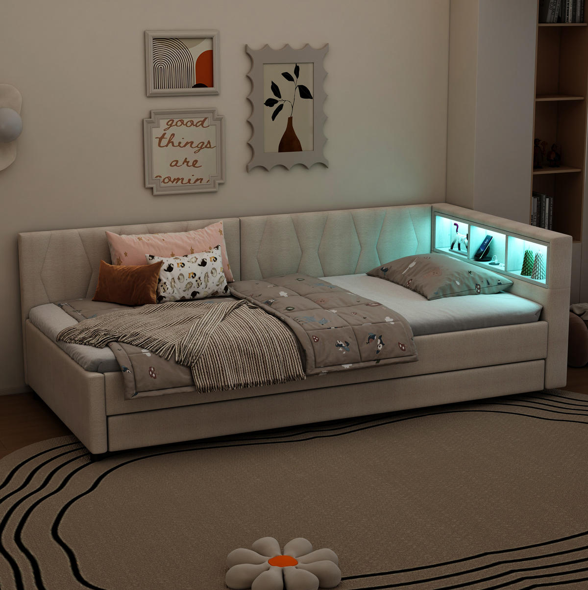 TAGESBETT 90/200 cm mit Ausziehbett, LED-Beleuchtung, USB- und USB-C-Anschluss, Ablagefächern und Leinenbezug, Beige - Beige, Textil (90/200cm) - Redom