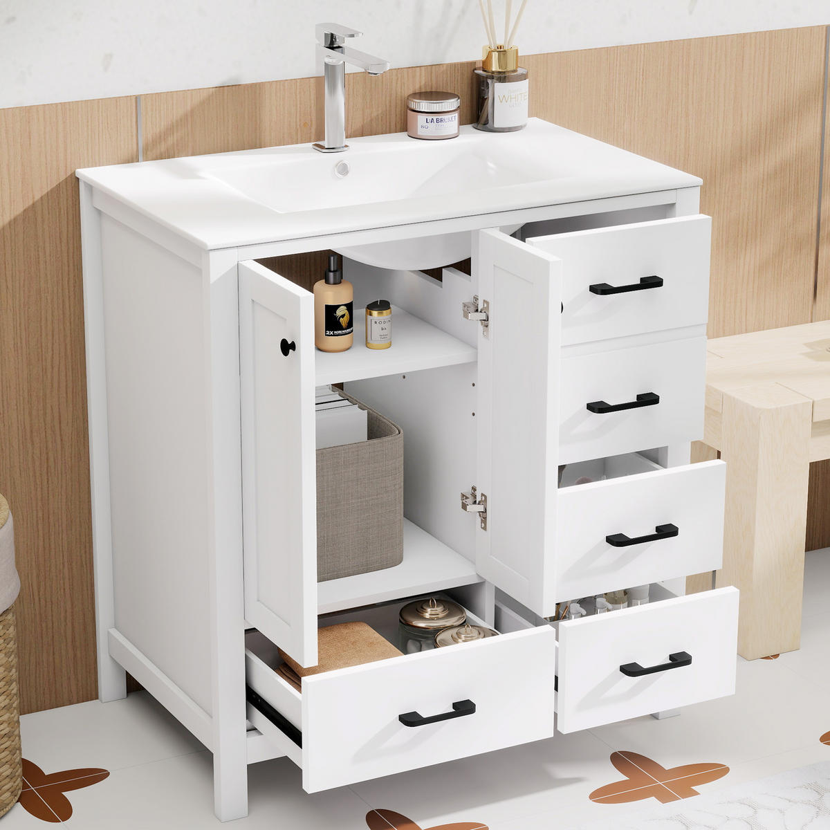 WASCHTISCHKOMBI 76/46/82 cm Weiß mit 4 Schubladen, ohne Wasserhahn - Schwarz/Weiß, Holz/Holzwerkstoff (46/82/76cm) - Oxeza