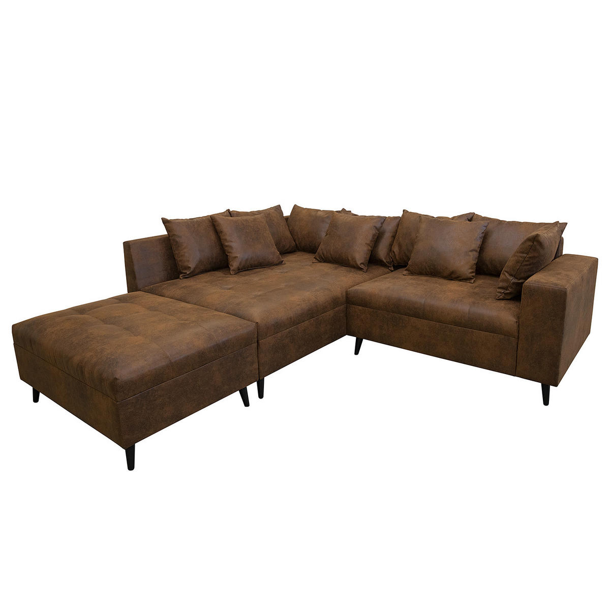 ECKSOFA mit Ottomane und Hocker - Schwarz/Braun, Birkenholz/Textil (247/174cm) - home24