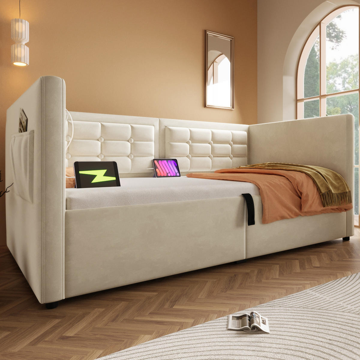 POLSTERBETT aus Samt 90x200 cm in Beige mit USB-C Ladestation & Stauraum - Beige, Textil (90/200cm) - Modfu