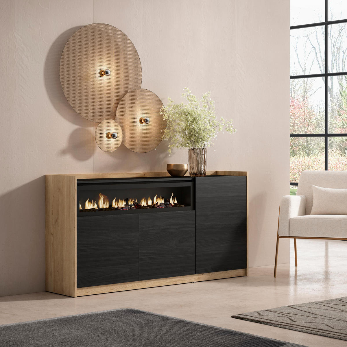 SIDEBOARD, Highboard, Schwarz Eiche, Elektrokamin, 156/37/80cm - Schwarz, Holzwerkstoff (156/80/37cm) - Skraut Home
