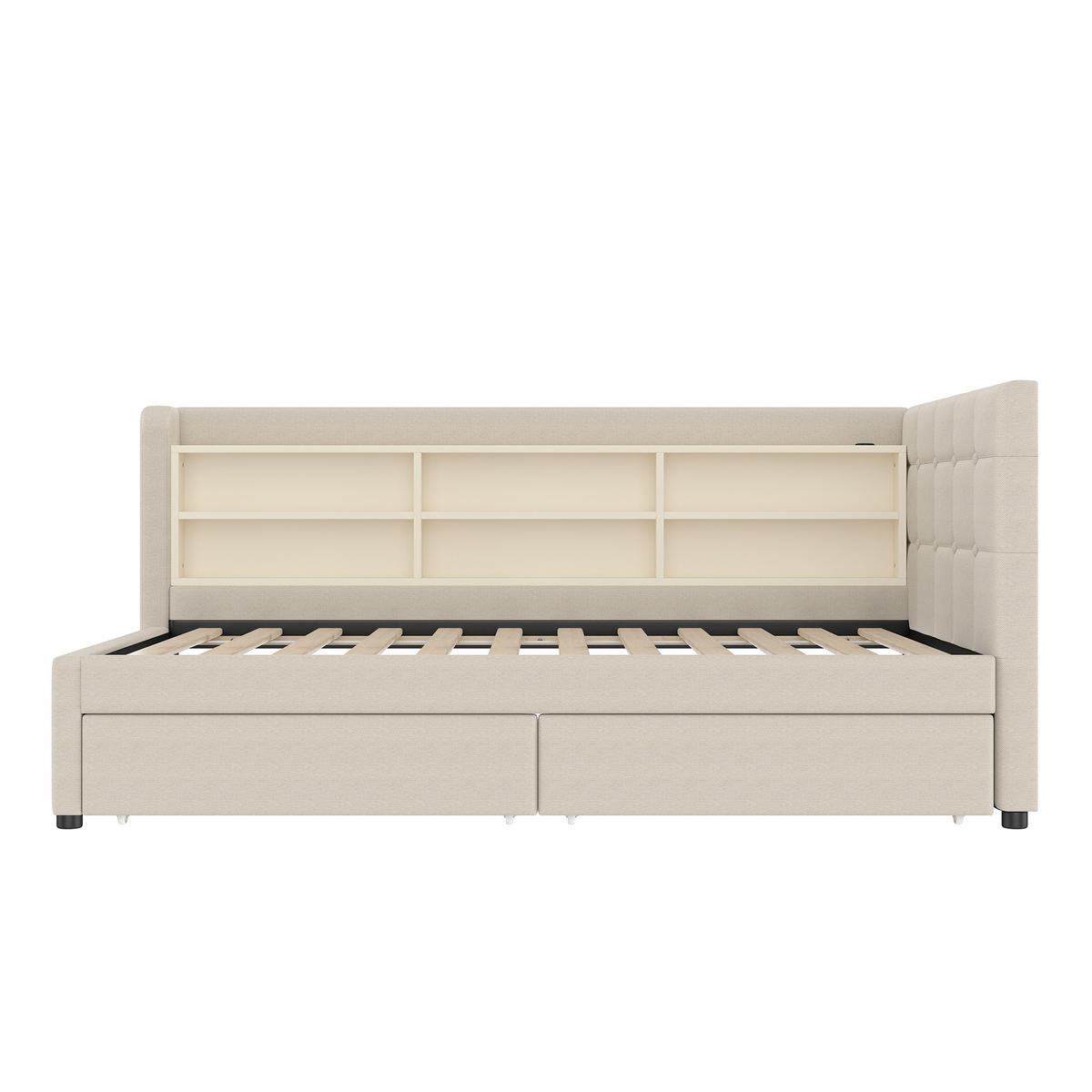 POLSTERBETT 90/200 cm beige mit 2 Schubladen und USB-Anschluss - Beige, Textil (90/200cm) - OKWISH