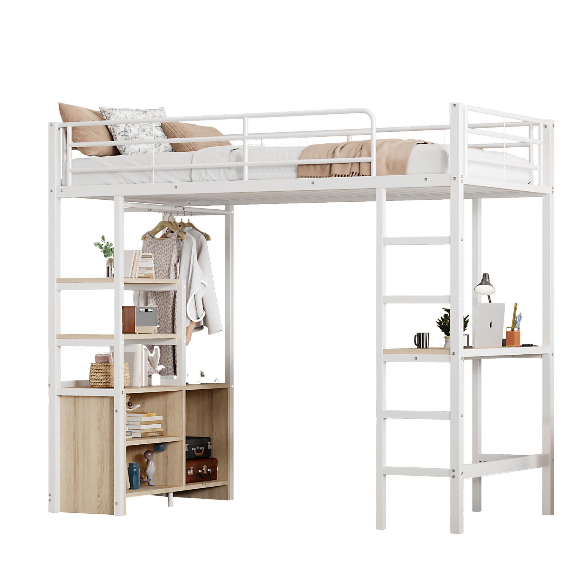 HOCHBETT 90/200 cm in Weiß mit Schreibtisch, Regalen und USB-Anschluss - Weiß, Metall (90/200cm) - Flora Grace