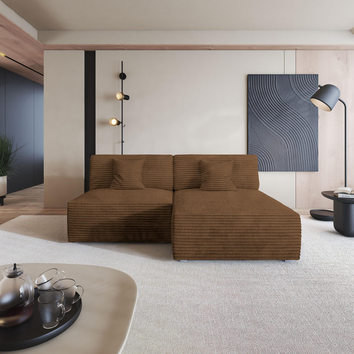 ECKSOFA FIORO Kupferfarben Kordstoff mit Schlaffunktion - Kupferfarben, Holz (204/148cm) - MASSENO