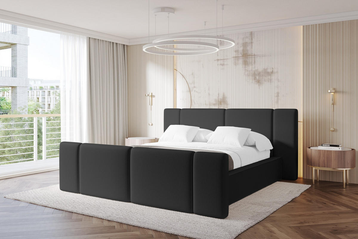 POLSTERBETT mit Bettkasten, Fußteil und Lattenrost, Bett mit Matratze H3/H4 - RIVO-Z 120x200 Schwarz - Schwarz Hochglanz, Holzwerkstoff/Textil (120/200cm) - ALTDECOR