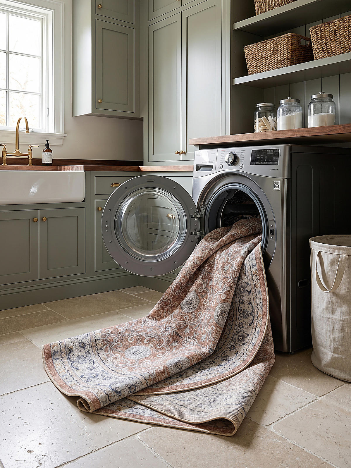 TEPPICH Kurzflor, waschbar, mit floralen Ornamenten, VERNANTE in Terrakotta-Creme, Ø 120 cm - Rot, Textil (120/120cm) - KADIMA DESIGN