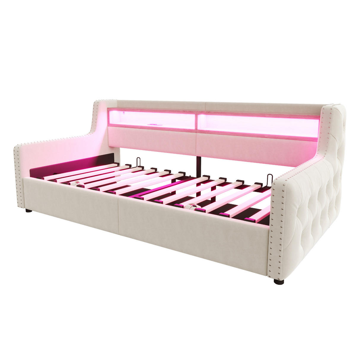 POLSTERBETT 90/200 cm aus Samt mit LED, Stauraum und Lattenrost Beige - Beige, Textil (90/200cm) - Modenvie