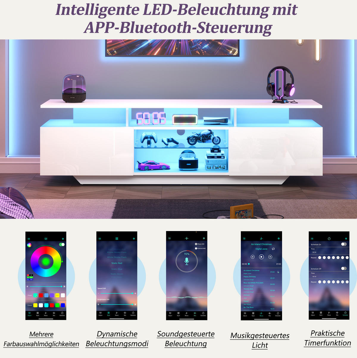 LOWBOARD 160/40/45 cm aus MDF mit LED-Beleuchtung und Hochglanzfront Weiß - Weiß, Holzwerkstoff (160/45/40cm) - Modenvie