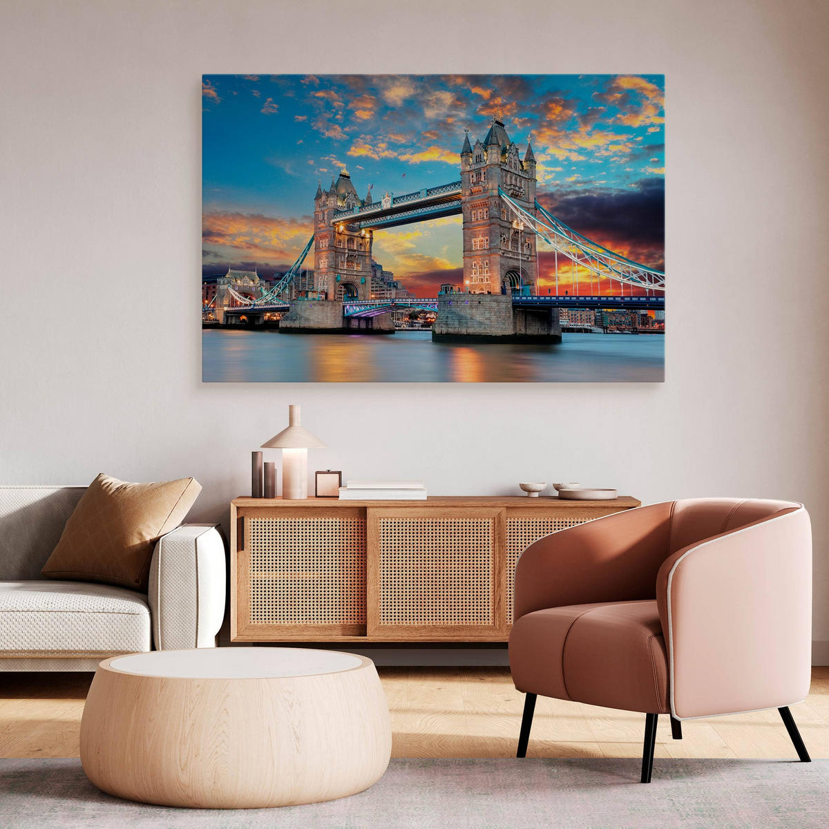 LEINWANDBILD Brücke Tower Bridge London Architektur 3D 120x80 - Blau/Beige, Textil (120/80cm) - Muralo