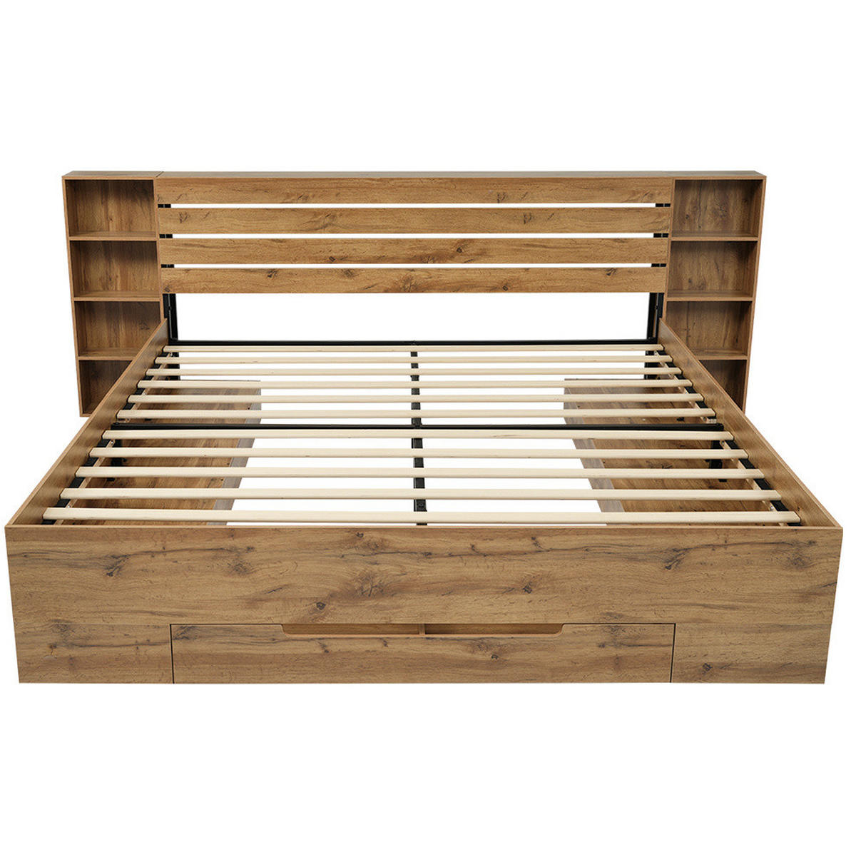 STAURAUMBETT 160/200 cm aus Holz und Metall mit LED-Beleuchtung, USB-C, Kopfteilablagen und 2 Schubladen,und Matratze, Eiche - Eichefarben, Metall (160/200cm) - Redom