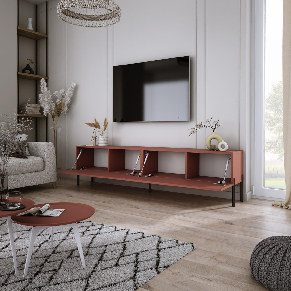 TV-SCHRANK : Ziegelrot, 170 x 52 x 32 cm, schwarze Beine - Rot/Schwarz, Holzwerkstoff/Metall (170/52/32cm) - 3XE LIVING
