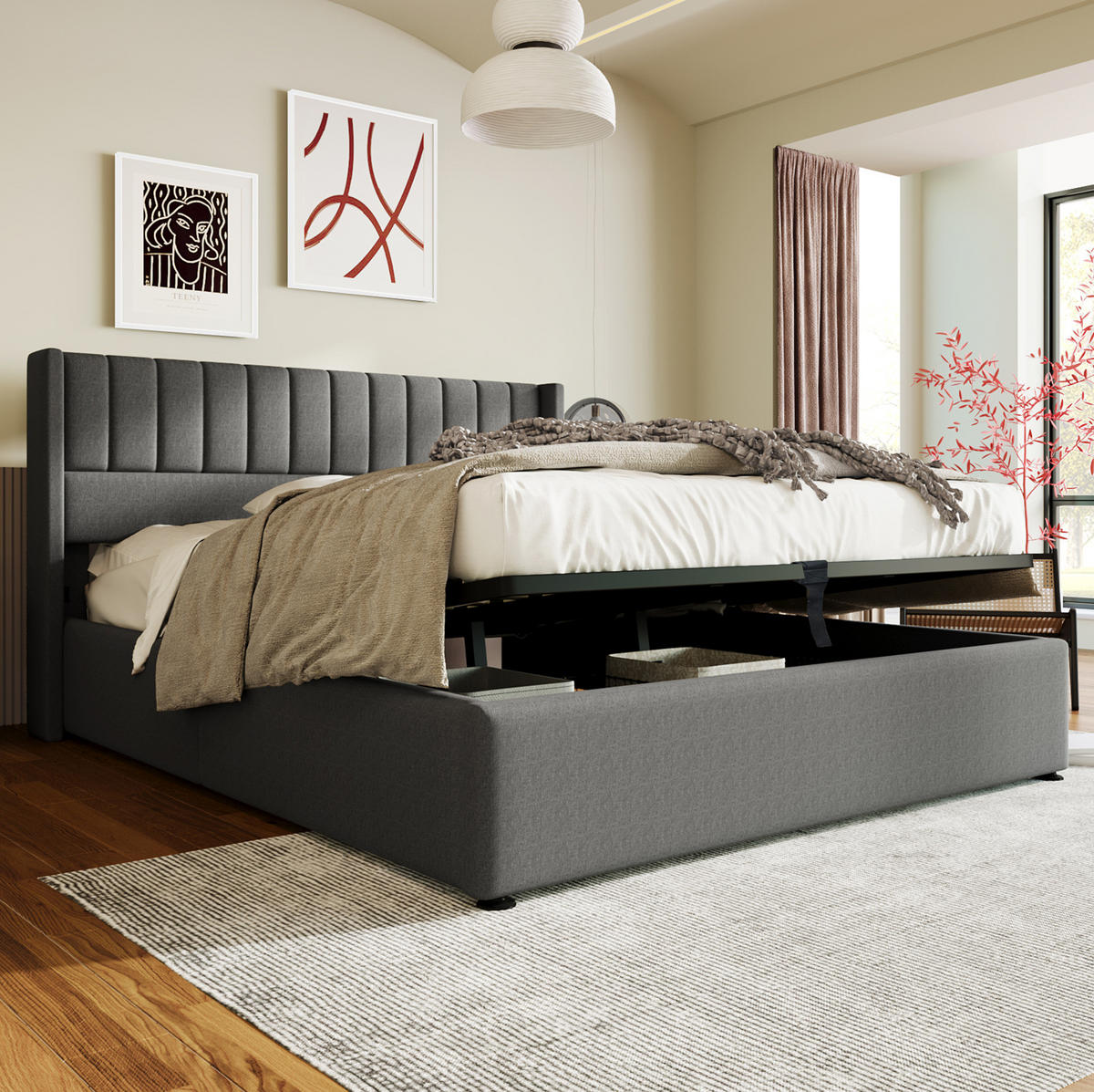 BETT mit Bettkasten 160x200 cm Leinen Gray mit Matratze - Grau, Metall (160/200cm) - Meubliv
