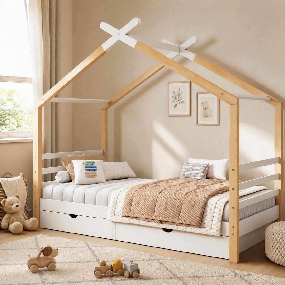 KINDERBETT 90/200 mit Schubladen, Lattenrost und Hausdesign - Weiß, Holzwerkstoff (90/200cm) - EVRYAE