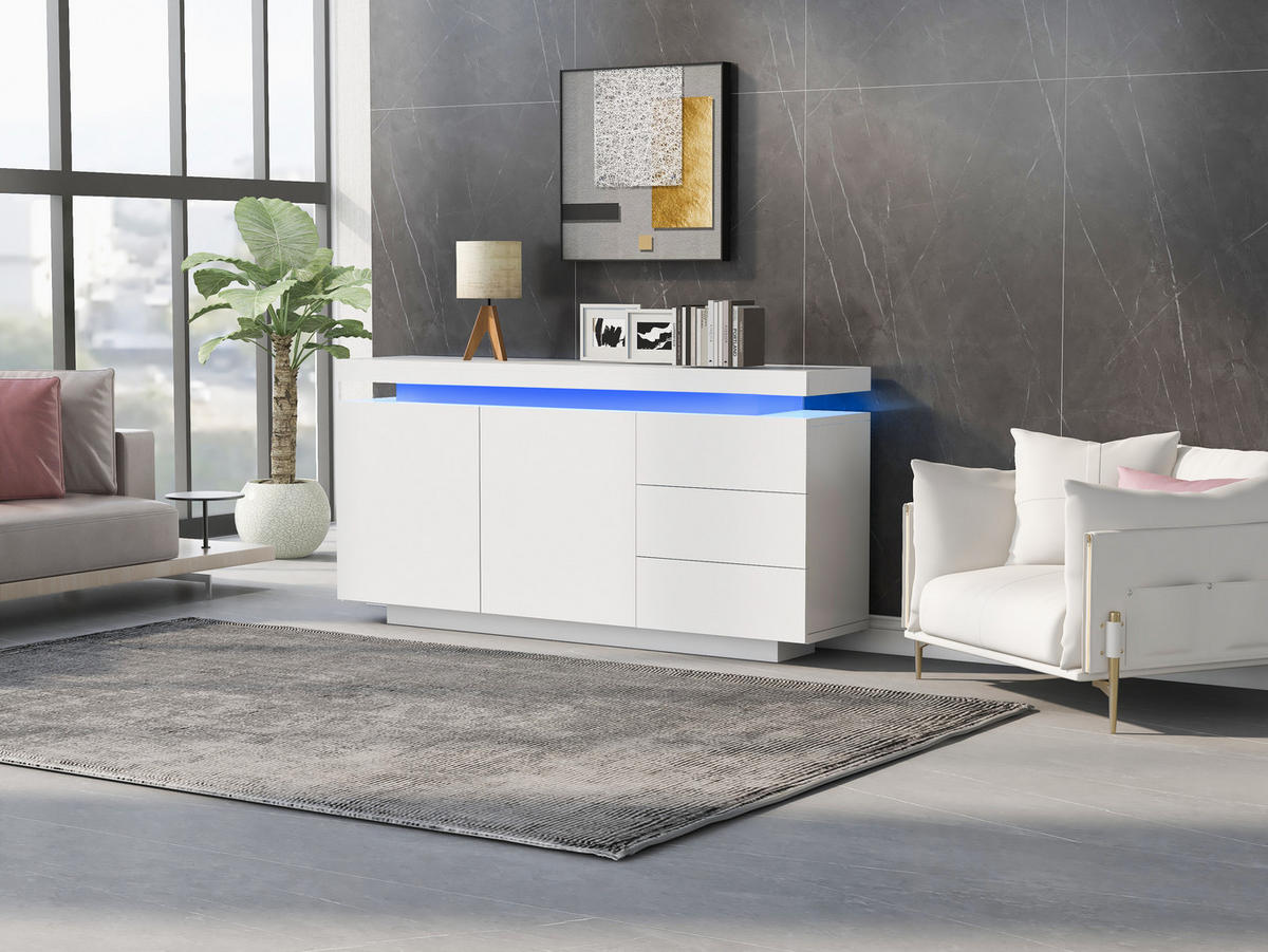 SIDEBOARD 140/35/72,5 cm, Weiß Hochglanz, 2 Türen und 3 Schubladen, integrierte LED, grifflose Optik, Weiß - Weiß, Holzwerkstoff (140/72.5/35cm) - Redom