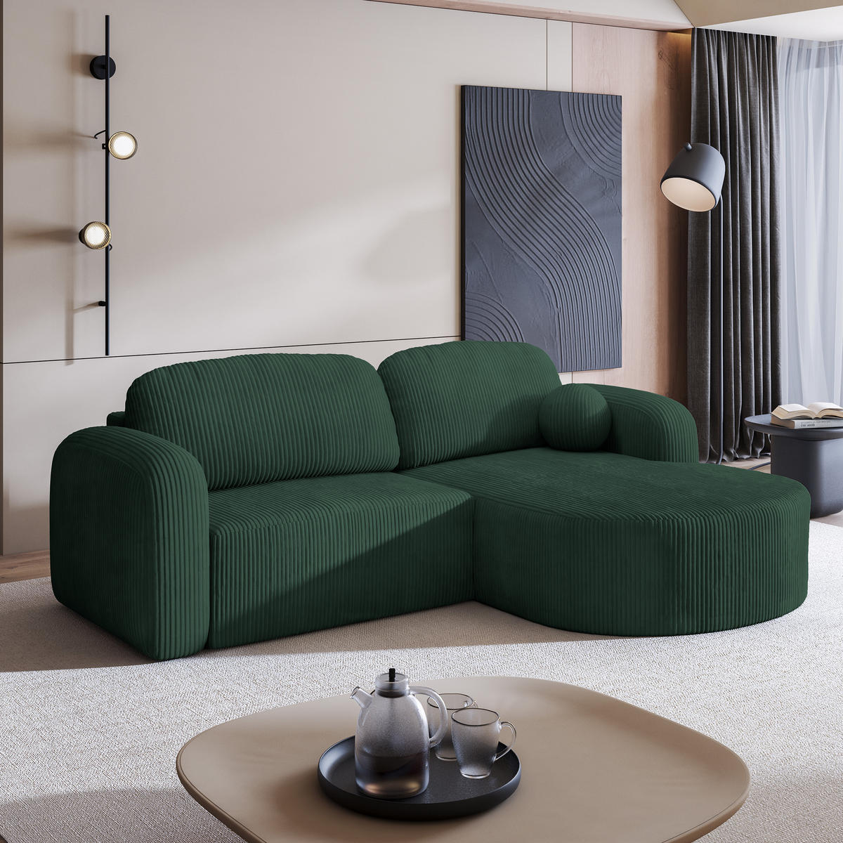 ECKSOFA AMILIA P R-S Grün Kordstoff mit Schlaffunktion - Grün, Holz (263/174cm) - MASSENO