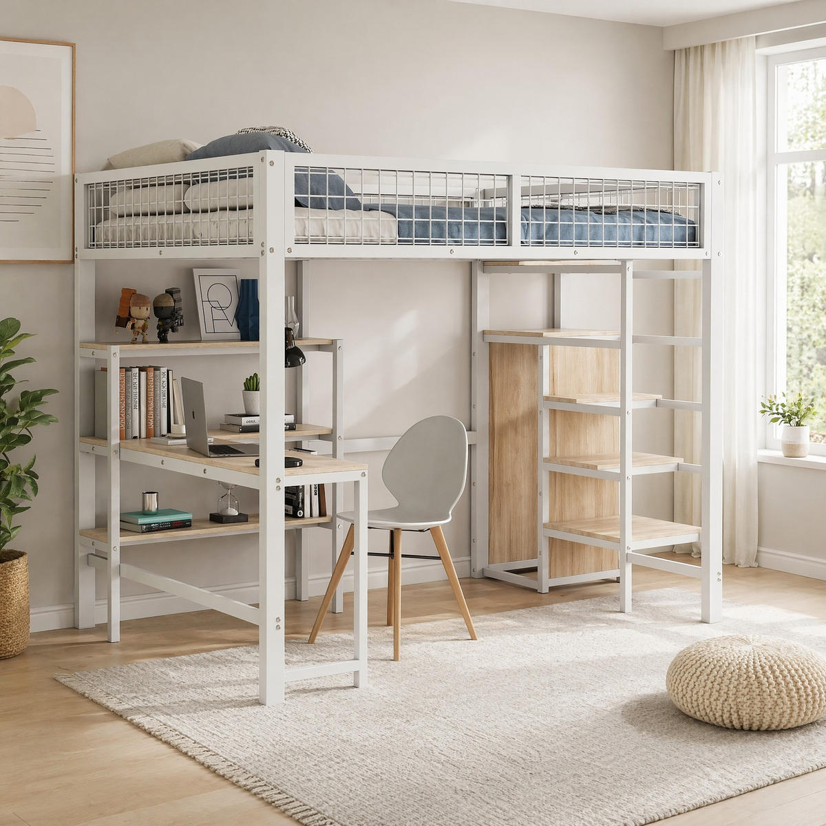HOCHBETT 140/200 mit Schreibtisch, Regalen und Kleiderschrank in Weiß - Weiß, Holz/Metall (140/200cm) - EVRYAE