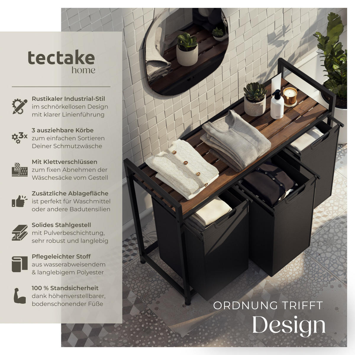 WÄSCHESORTIERER, höhenverstellbare Kunststofffüße,schwarz/braun - Schwarz/Braun, Metall (93.5/72/34cm) - tectake