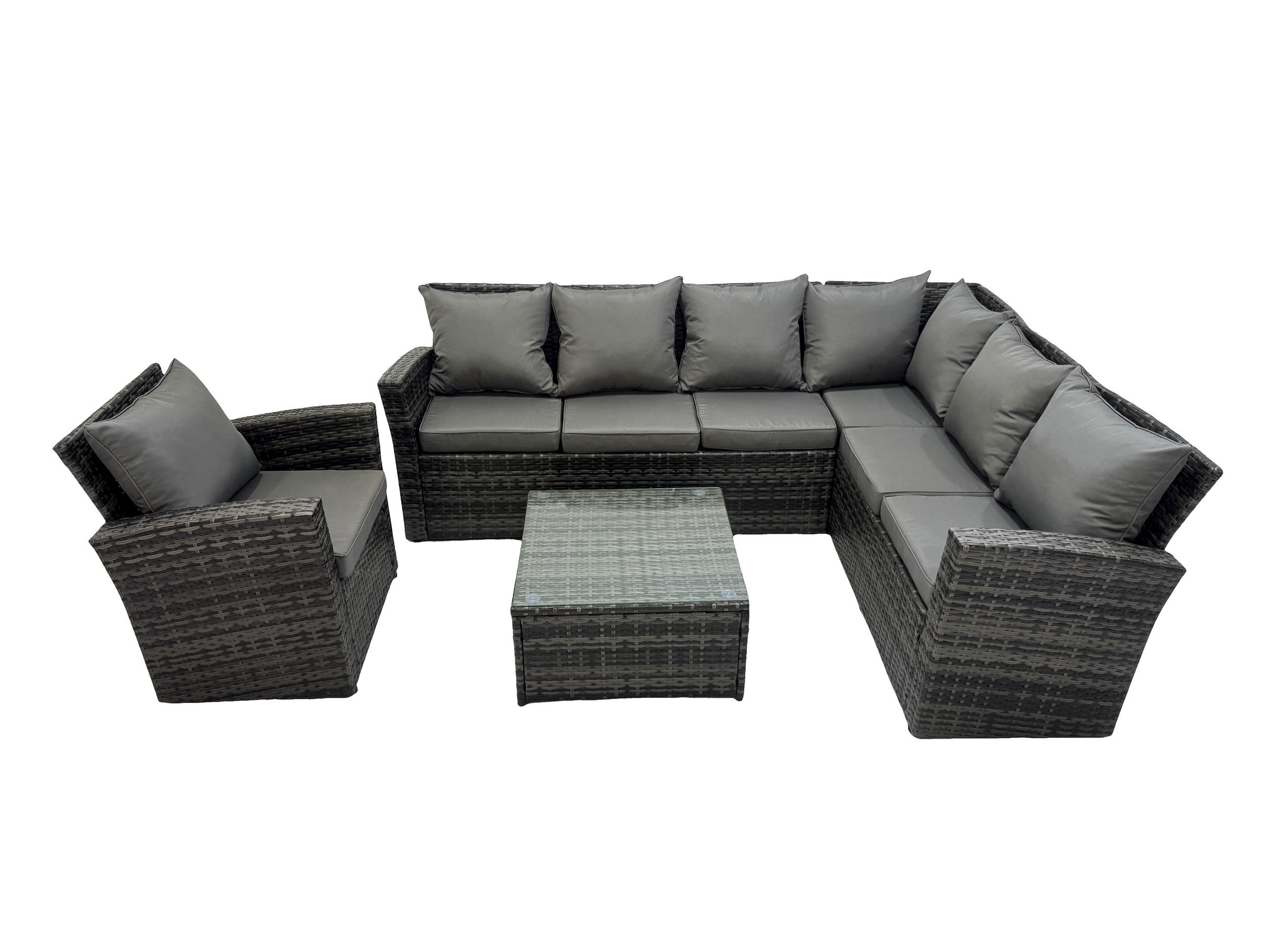 LOUNGEGARNITUR mit Couchtisch Sofa Polyrattan Dunkelgrau 7-Sitzer - Dunkelgrau/Grau, Glas/Kunststoff - Fimous