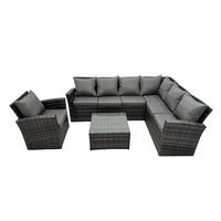 LOUNGEGARNITUR mit Couchtisch Sofa Polyrattan Dunkelgrau 7-Sitzer - Dunkelgrau/Grau, Glas/Kunststoff - Fimous