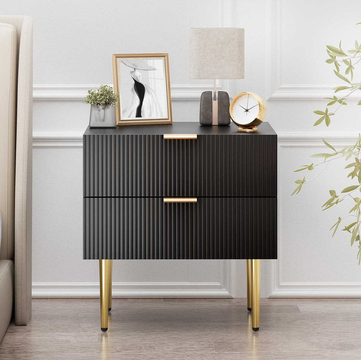NOČNÍ stolek 53/41,5 cm černý z MDF a kovu se 2 zásuvkami - černá, kompozitní dřevo (53/52.5/41.5cm) - OKWISH