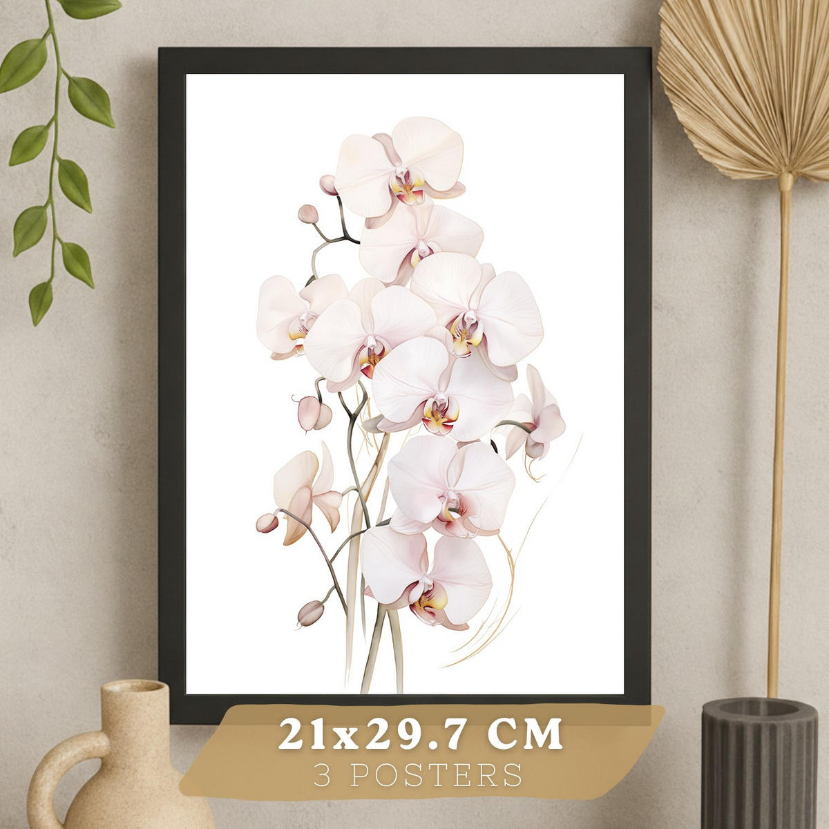 POSTER 3er-Set Wandbilder Orchidee Rosa modern Wohnzimmer Deko, Schlafzimmer, Küche, Badezimmer Rahmenlos A4 - Schwarz, Papier (29.7/1/21cm) - Nacnic