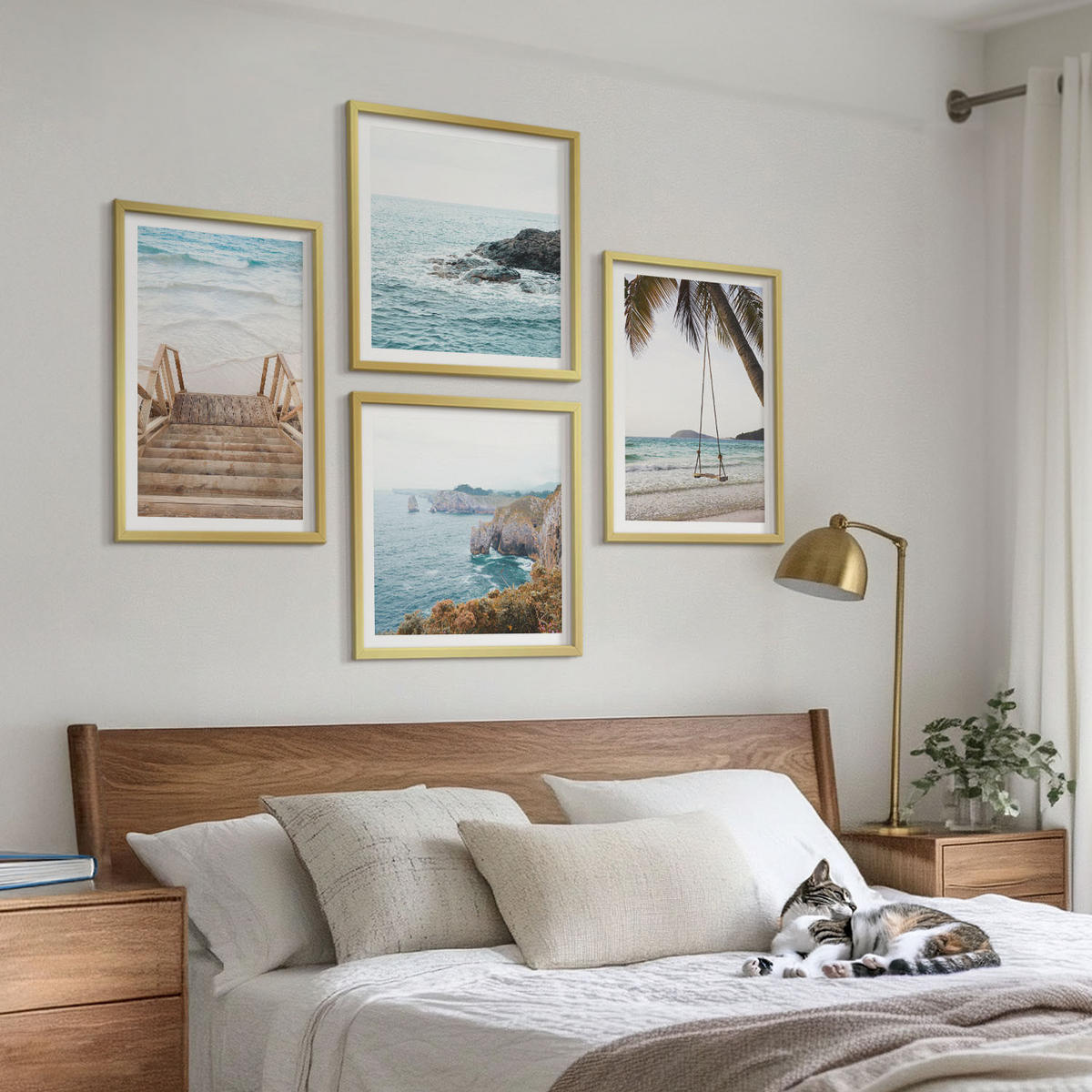 BILDER SET 4er Set - 50x50 cm & 40x60 cm Goldrahmen - Treppe, Strand, Meerblick, Schaukel - Goldfarben, Kunststoff (50/50cm) - TULUP