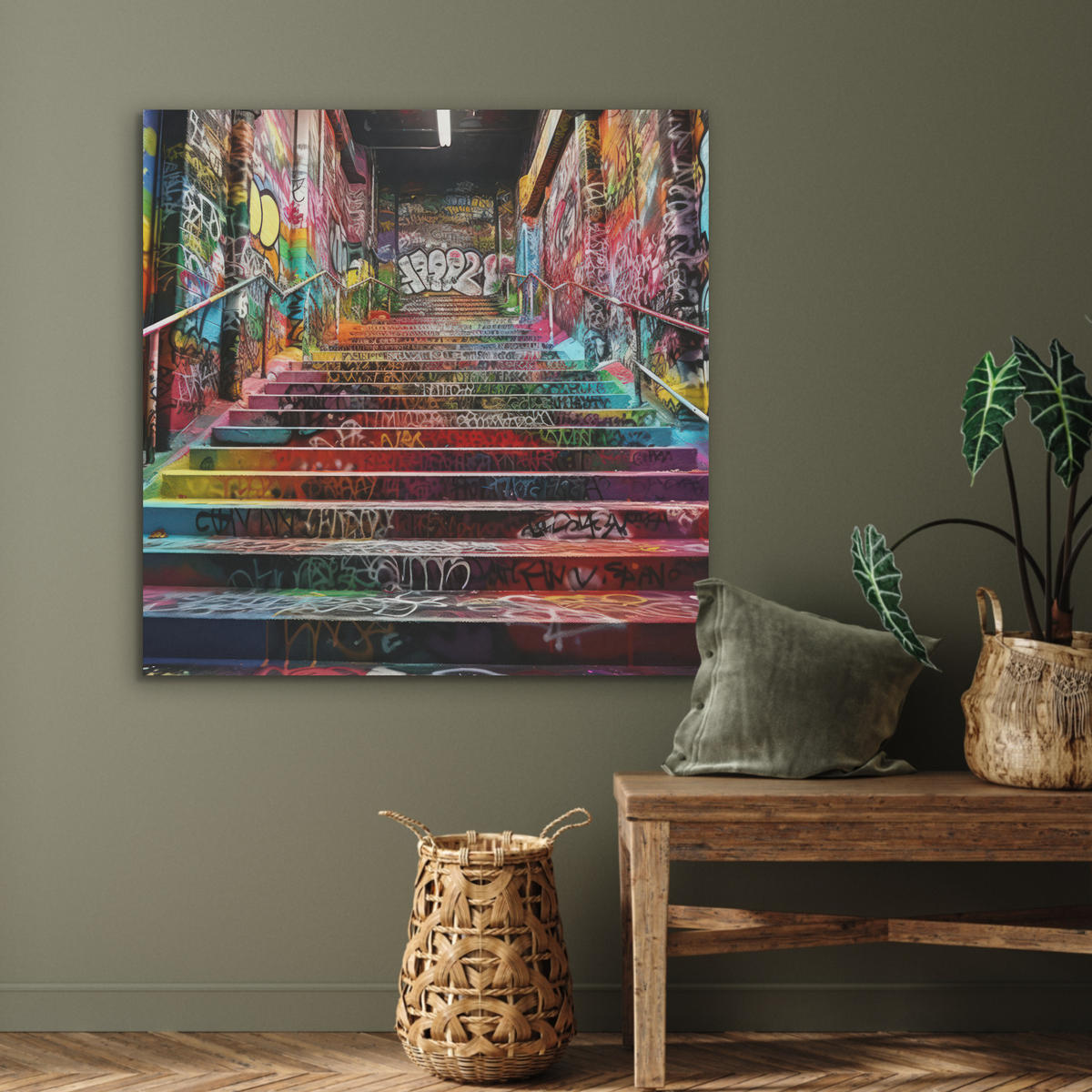AKUSTIKPANEEL Treppe - Graffiti - Farben - Kunst 90x90 cm - Multicolor, Textil (90/0.9/90cm) - MuchoWow