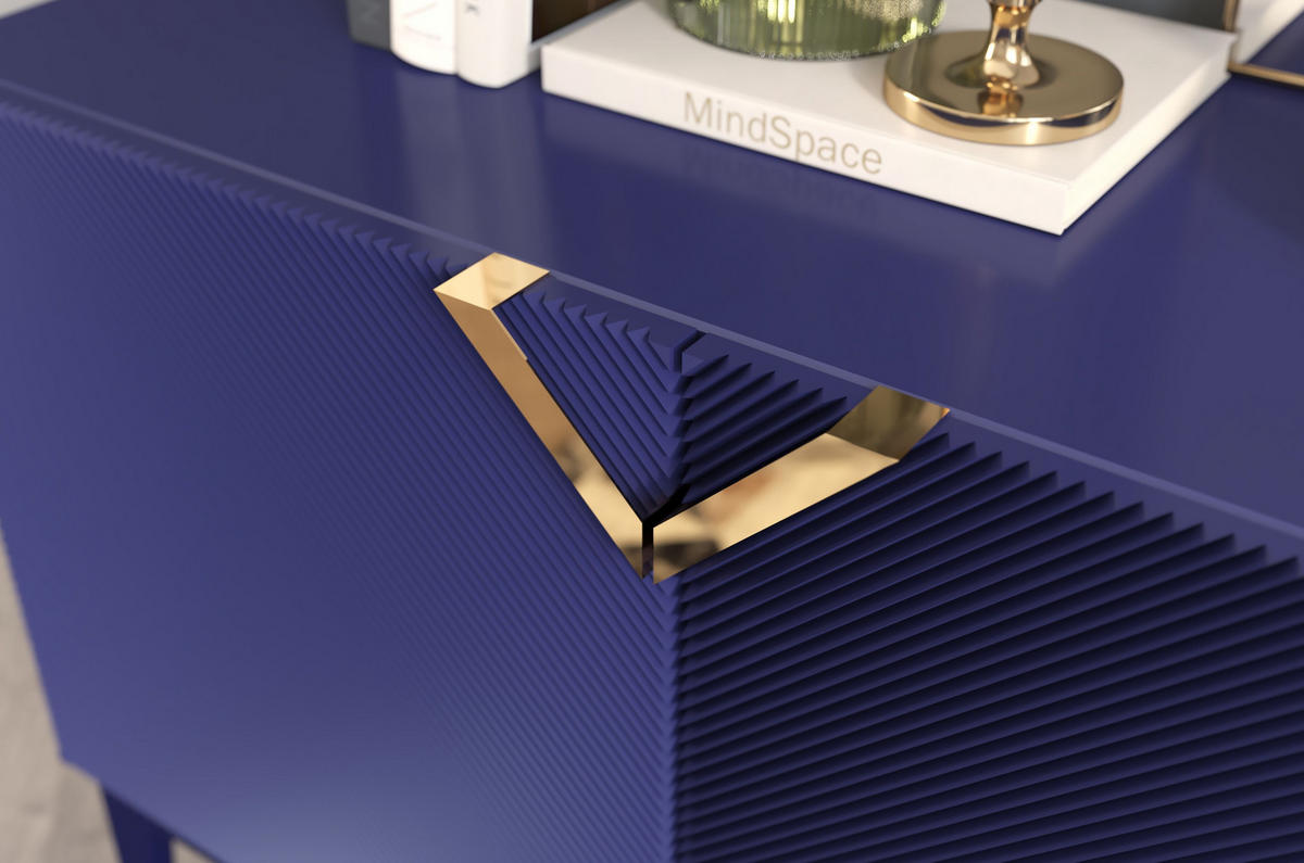 SIDEBOARD Demi Long, Marinblau-Gold, Mit Gefrästen Fronten, Massive Buche - Dunkelblau, Holz/Holzwerkstoff (201.5/70/42cm) - Visby