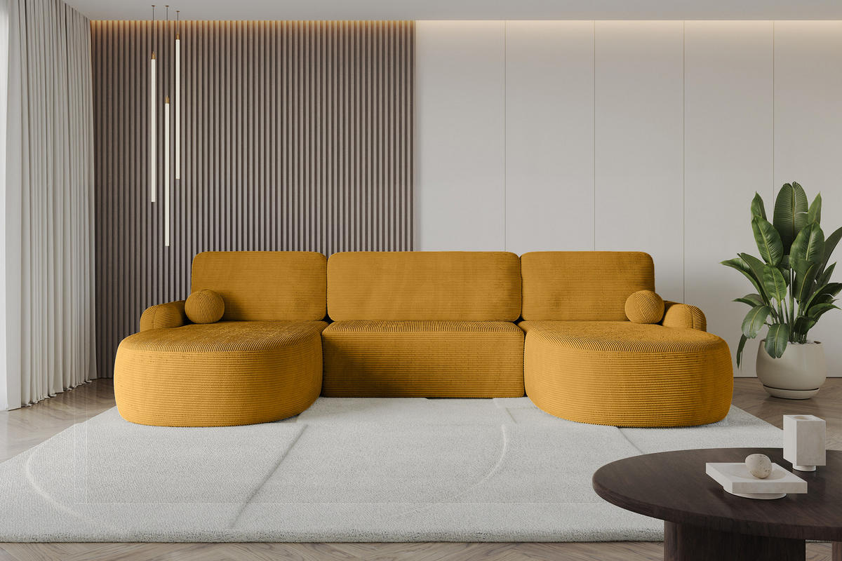 WOHNLANDSCHAFT mit Schlaffunktion und Bettkasten LIRA-U - 335x172x89 Senfgelb - Sandfarben, Holzwerkstoff/Textil (335/89/172cm) - ALTDECOR