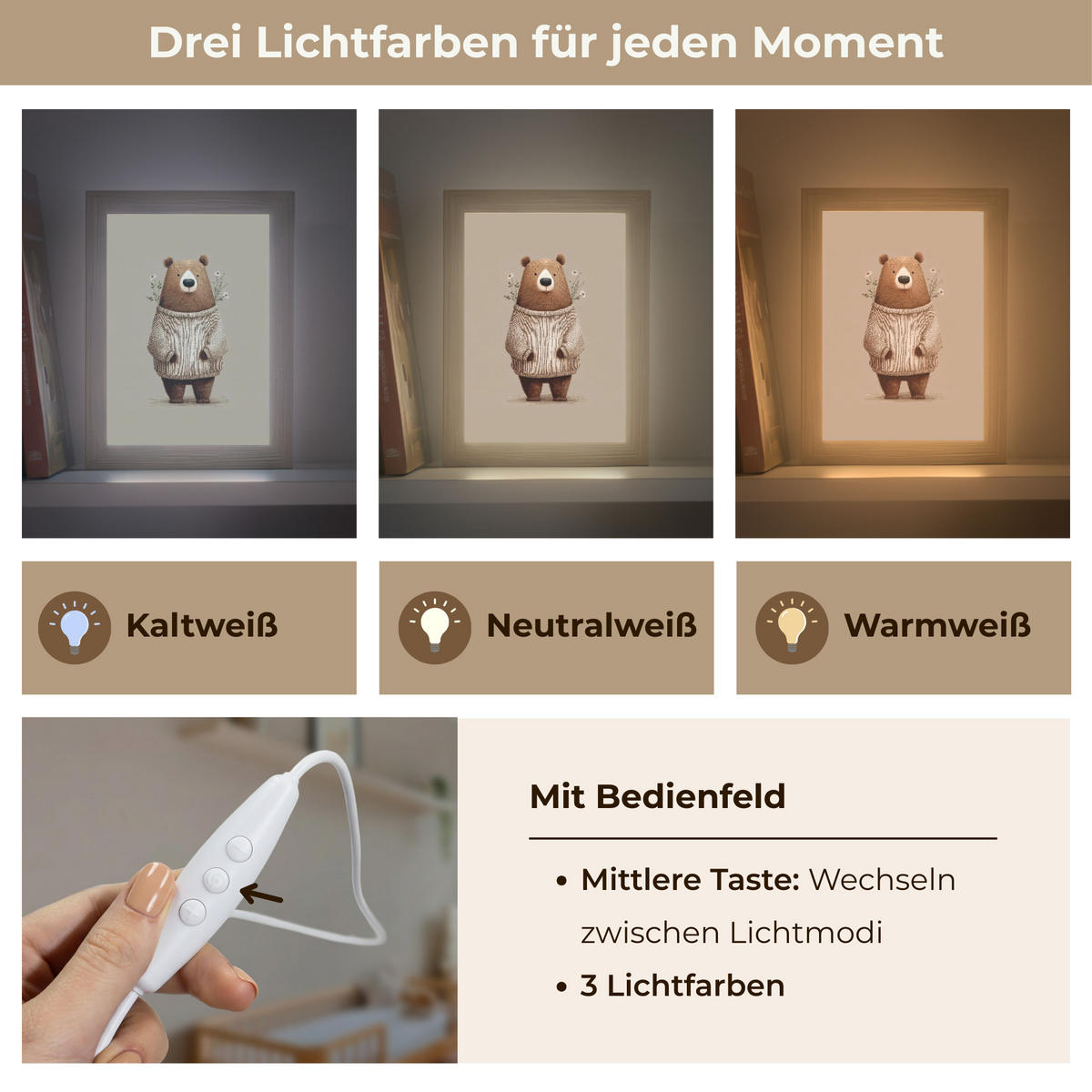 NACHTTISCHLAMPE Bär - Weiße Blumen - Gemütlich 15x20 cm - Taupe, Holzwerkstoff (8/15/20cm)