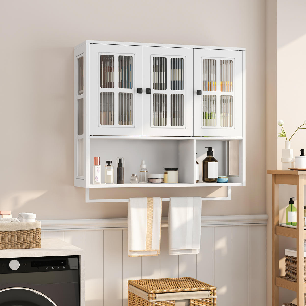 KÜCHENOBERSCHRANK 88x26x82.5 cm in Weiß aus Sicherheitsglas mit geriffeltem Glas & Handtuchstange - Weiß, Holzwerkstoff (88/82.5/26cm) - Modfu
